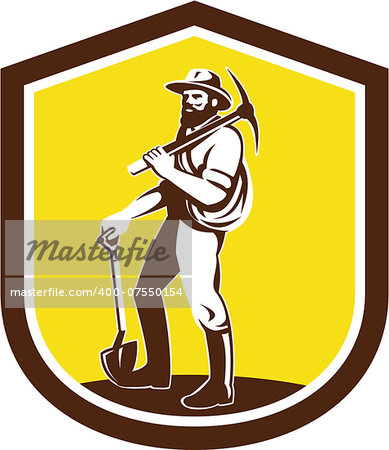 Illustration of a coal miner prospector wearing hat carrying pick axe on shoulder and holding shovel facing front set inside shield crest done in retro style on isolated background.