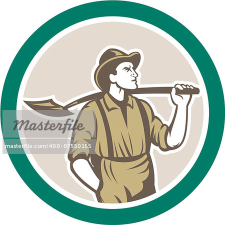 Illustration of a prospector miner wearing hat with shovel facing front set inside circle done in retro style on isolated background.