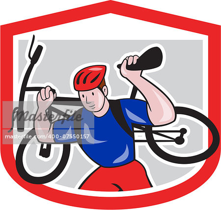 Illustration of a cyclist bicycle mechanic carrying mountain bike on shoulder running  set inside shield crest shape on isolated background done in cartoon style.