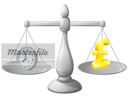 Time money balance scales, with a clock representing time on one side and pound sign on the other. Could represent work life balance or making best use of time, working smarter not harder.