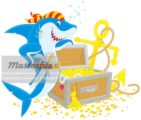 Great white shark with a pirate pistol and saber, chest with treasures and anchor on the bottom of a tropical sea
