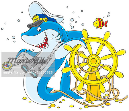Great white shark with a captain cap, binocular, compass and steering wheel
