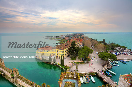 Aerial view from Scaglieri castle on Lake Garda and town of Sirmione in Italy.