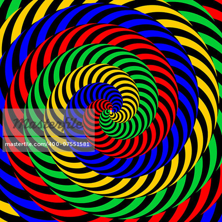 Design colorful whirlpool circular movement illusion background. Abstract striped distortion backdrop. Vector-art illustration
