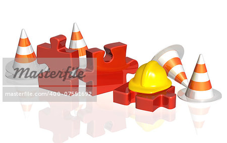 Road cones, part of puzzle and hat. Objects isolated on white background