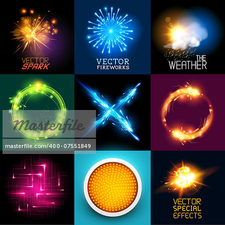 Vector special effects Collection. Set of various light effects and symbols, vector illustration.