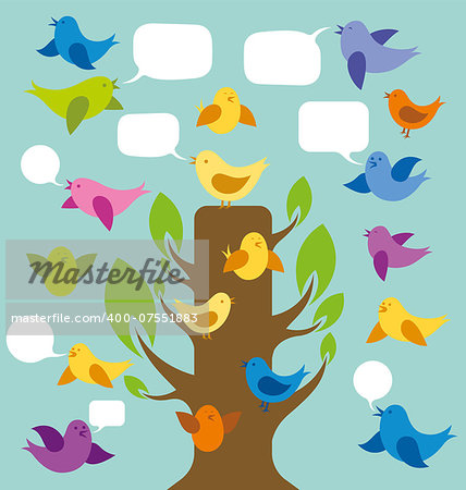 Vector card with birds and speech bubbles and tree