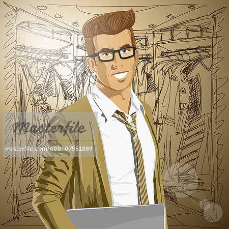 Sale concept. Vector hipster business man with laptop in his hands