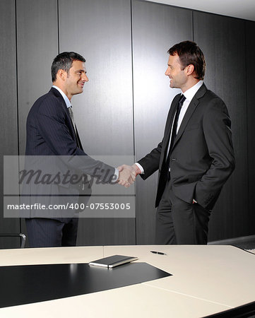 Serious businessmen shaking their hands after a meeting at the office