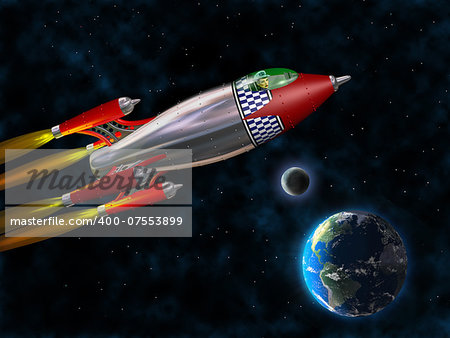 Stylized illustration of a retro rocket flying through space