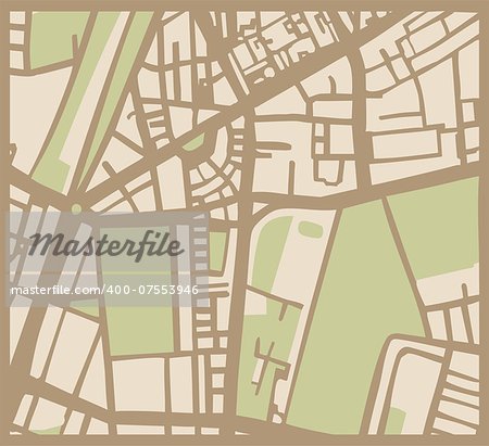 Abstract vector city map with brown streets, beige buildings and green park. Simply hand made draft town plan vintage illustration.