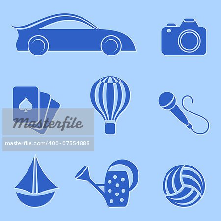 Blue hobby and leisure icons on blue background