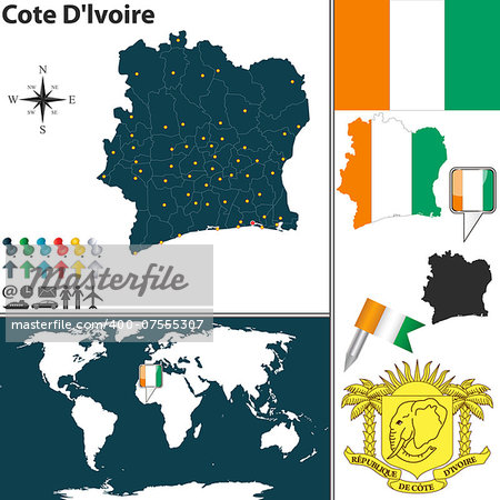 Vector of Ivory Coast (Cote D'lvoire) set with detailed country shape with region borders, flags and icons