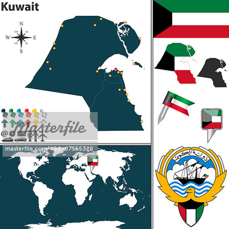 Vector map of Kuwait with regions, coat of arms and location on world map