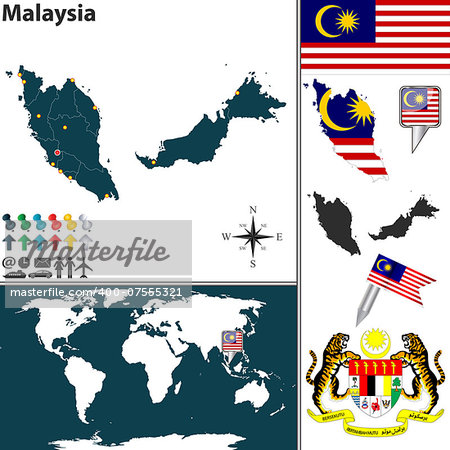 Vector map of Malaysia with regions, coat of arms and location on world map