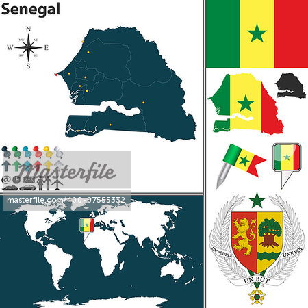 Vector of Senegal set with detailed country shape with region borders, flags and icons