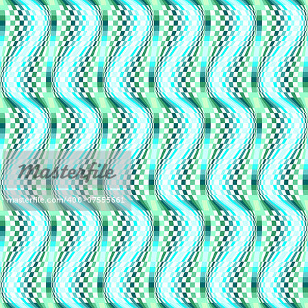 Design seamless colorful movement illusion checked mosaic pattern. Abstract warped textured background. Vector art