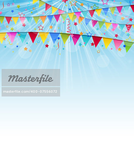 Illustration holiday background with birthday flags and confetti  - vector