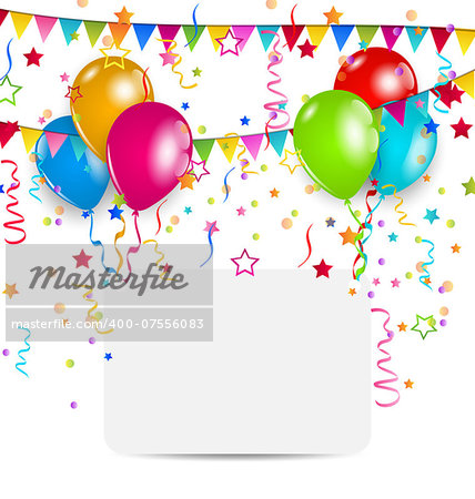 Illustration celebration card with balloons, confetti and hanging flags - vector