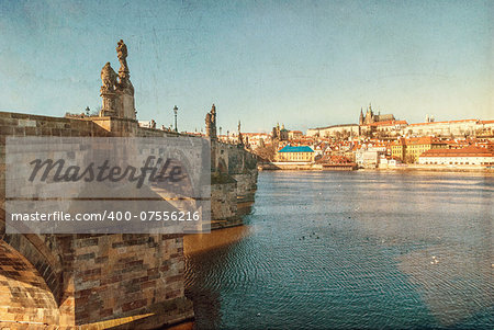 Prague, Charles Bridge, capital city of Czech Republic, textured old paper