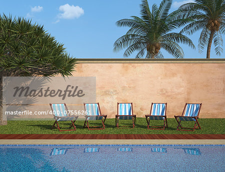 Tropical garden with swimming pool and deckchair - rendering