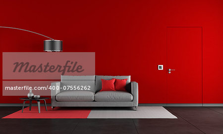 Red and black living room with modern sofa and door - rendering