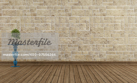 Empty vintage room with stone wall and grunge wooden floor - rendering