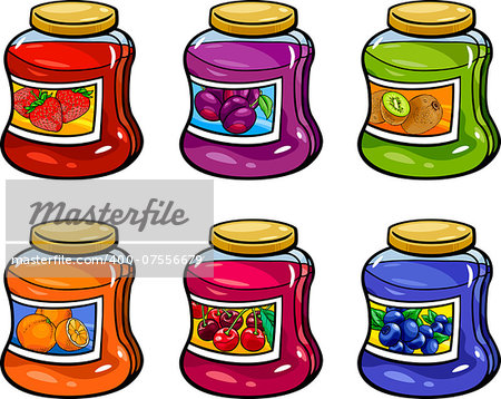 Cartoon Illustration of Various Fruit Jams in Jars Set