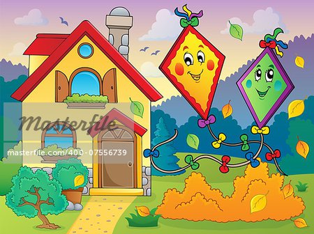 Autumn theme with kites and house - eps10 vector illustration.