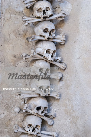 Skulls and bones decorating the interior of the Sedlec ossuary (Kutna Hora, Czech Republic)