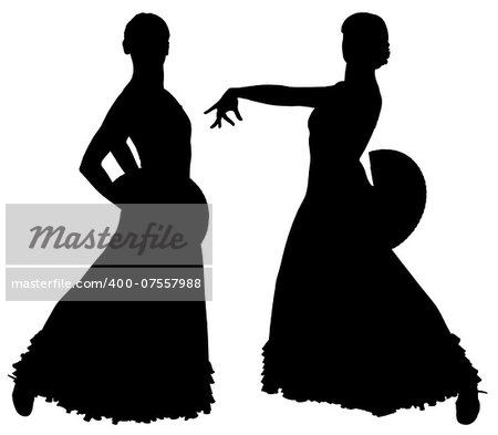 Two black silhouettes of female flamenco dancer on the white background for your design