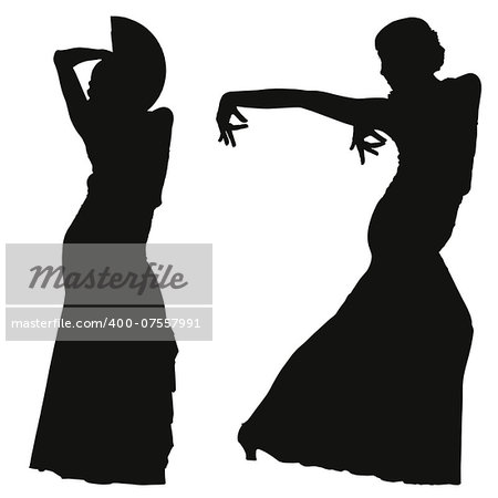 Two black silhouettes of female flamenco dancer on the white background for your design