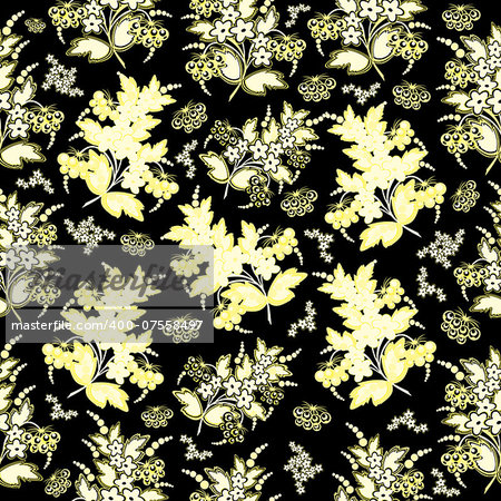Illustration of seamless  background with flowers and berries in black and yellow colors