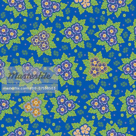 Illustration of seamless floral background in lilac, blue, orange and green colours