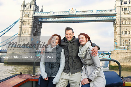 Friends sightseeing on Thames boat, London, UK