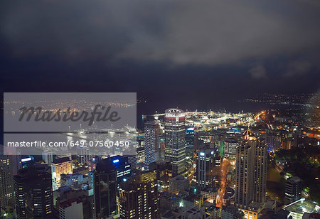 High angle view of Auckland at night, New Zealand