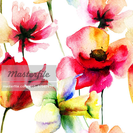 Seamless wallpaper with summer flowers, Watercolor painting