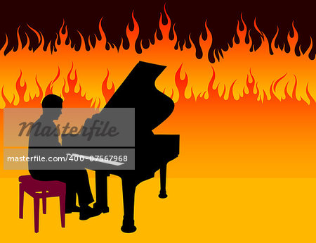 Piano Musician on Fire Background Original Illustration