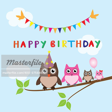 vector birthday card with bunting and owls