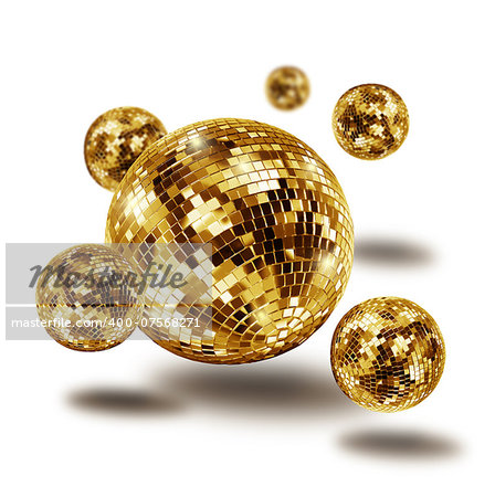 Golden disco mirror balls atomium molecule isolated on white background