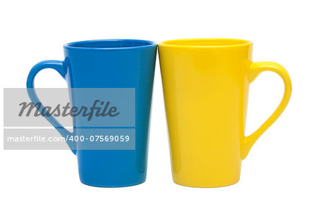 yellow and blue mug on a white background