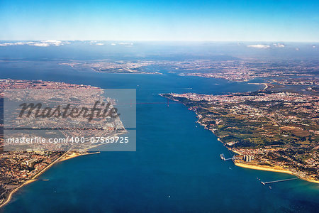 View over Lisbon, Portugal with airport, ponte vasco da gama, river tejo