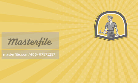 Business card showing illustration of a coal miner wearing hardhat looking to the side holding a pick axe  set inside shield crest done in retro style.