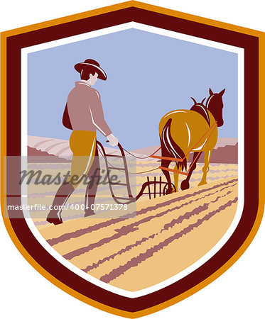 Illustration of farmer and horse plowing farm field viewed from back set inside crest shield done in retro style on isolated background.