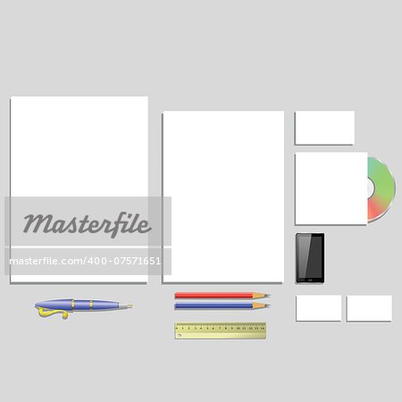 colorful illustration with office supplies on a gray background for your design