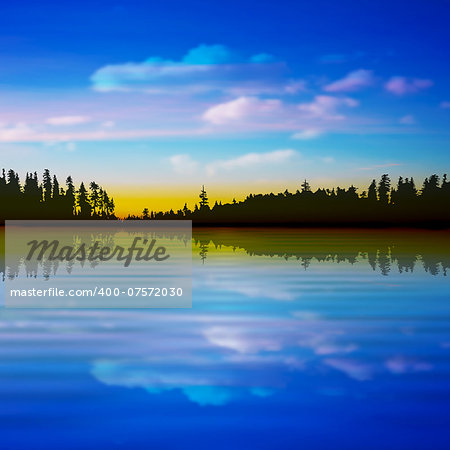 abstract nature spring background with forest lake and pink clouds