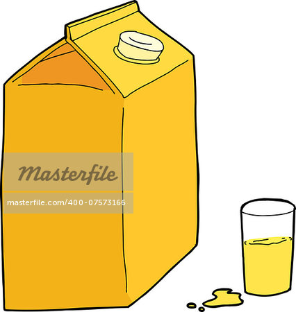 Orange juice carton with glass and spill on white background