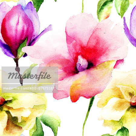 Seamless wallpaper with Lily and Magnolia flowers, watercolor illustration