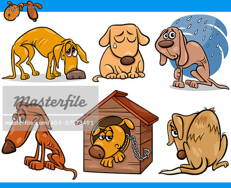 Cartoon Illustration of Poor Sad Homeless Stray Dogs Set