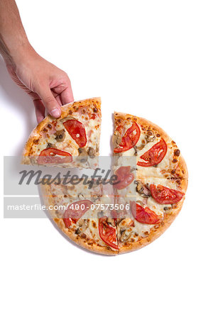 Man picking tasty slice, studio shot on white background with natural shadow